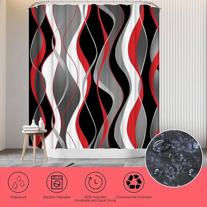beifivcl 4Pcs Red Shower Curtain Sets with Non-Slip Rugs, Toilet Lid Cover and Bath Mat, Black and Gray Bathroom Decor Set Accessories Fabric Waterproof Shower Curtains with 12 Hooks, 72 x 72 Inch