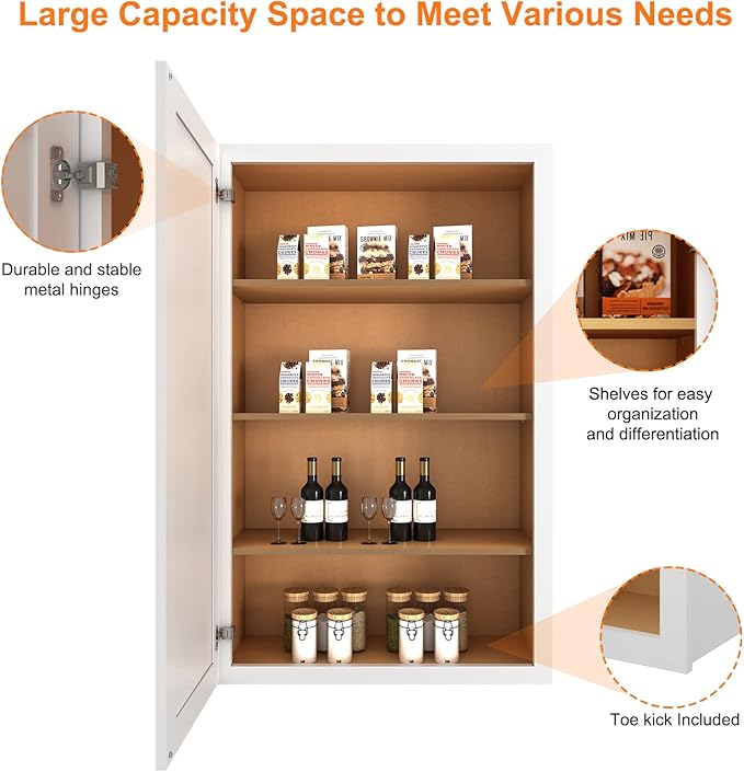 ROOMTEC Wood Wall Cabinet,RTA Single Door Medicine Cabinet with Adjustable Shelves and Soft-Close Door for Kitchen, Bathroom, and Laundry. 12" D*21" W*42" H, Shaker White