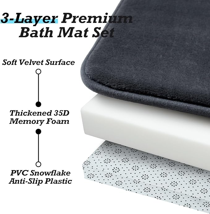 HUXMEYSON Bathroom Rugs Sets 3 Piece, Non-Slip & Quick Dry Bath Mat Set, Ultra Soft Velvet Bath Rugs for Bathroom, Toilet and Shower Floor, Dark Grey