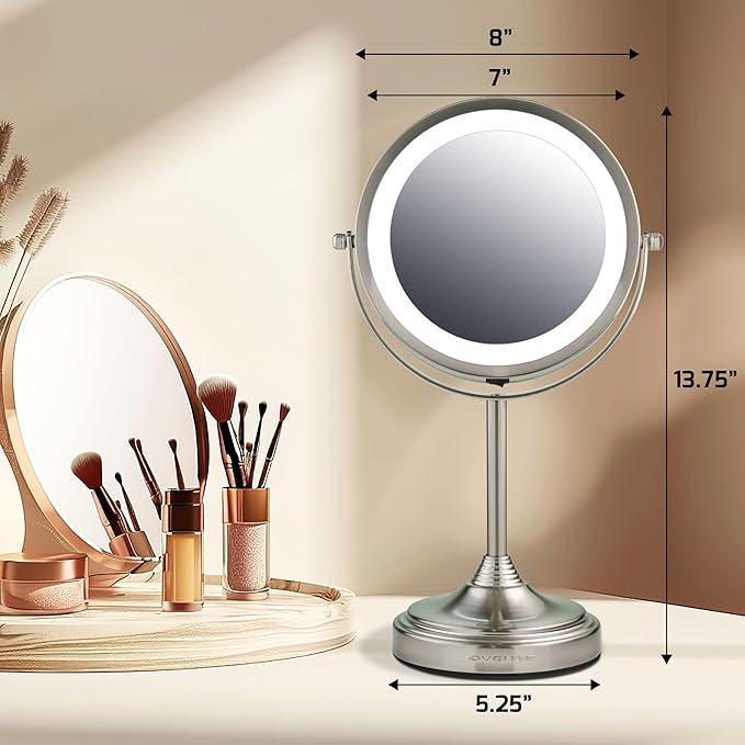 OVENTE 7'' Lighted Makeup Mirror with 1X/7X Magnification, Cordless Tabletop Mount Vanity Mirror with 360° Swivel Design & Double Sided Glow Cosmetic White LED Ring Light, Nickel Brushed MCT70BR1X7X