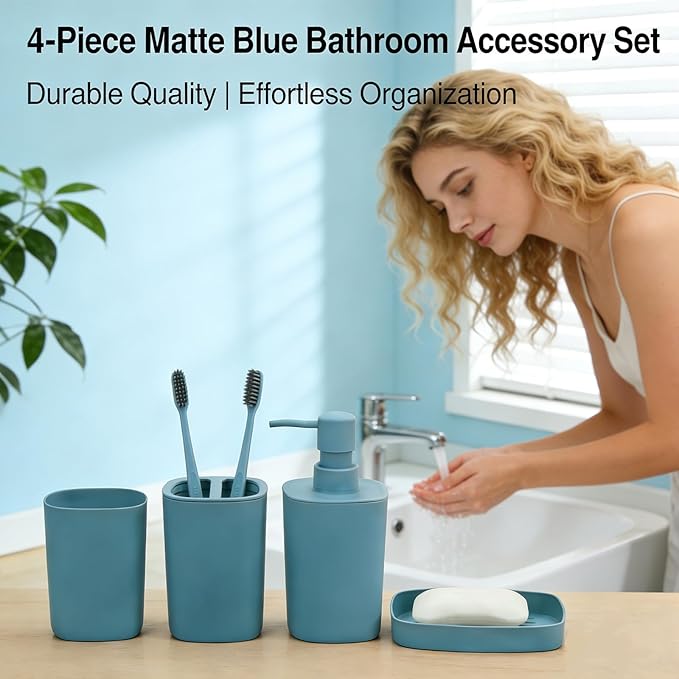 4 Piece Bathroom Accessories Set, Plastic Bathroom Accessory Set- Square Toothbrush Holder Set, Soap Dispenser, Toothbrush Holder, Mouthwash Cup, Soap Dish, Boho Modern Decor for Home, Blue