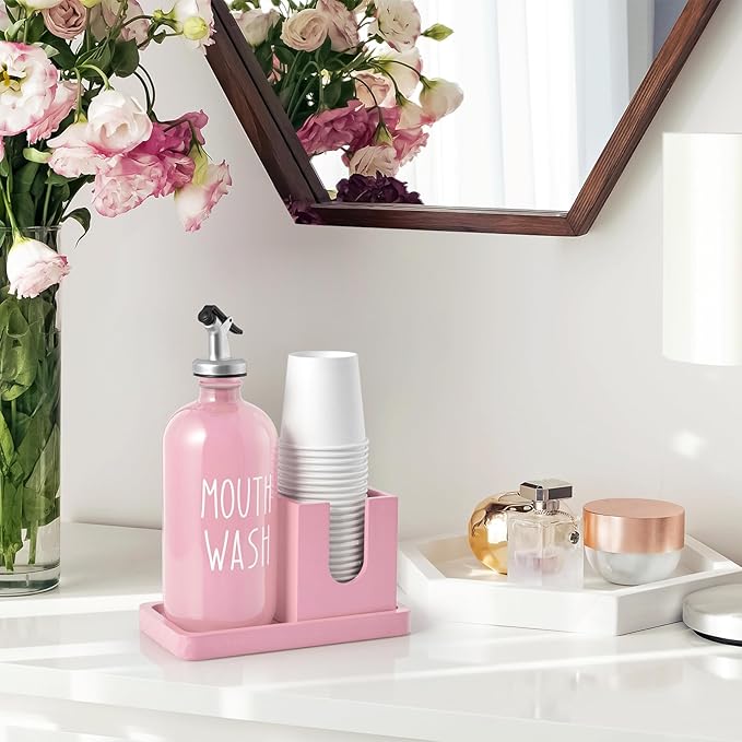 Glass Mouthwash Dispenser for Bathroom, 16 OZ Mouthwash Dispenser with Pour Spout and Wood Cup Holder and Tray, Mouth Wash Bottle Container, Farmhouse Kitchen Bathroom Decor and Accessories, Pink