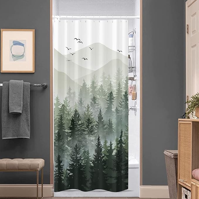 Accnicc Stall Small Sage Green White Misty Forest Shower Curtain Ombre Mountain Pine Tree Waterproof Fabric Shower Curtains for Bathroom Nature Woodland Decorative Bath Curtain Decor 36×72 Inches