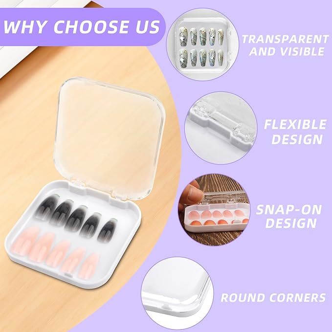 6PCS Nail Boxes for Press Ons, Acrylic Press on Nails Storage Box for Manicurist, Nail Packaging Box with 30 PCS Adhesive Double Sided Tape, Acrylic Fake Nail Display Box, Artificial False Nail Box