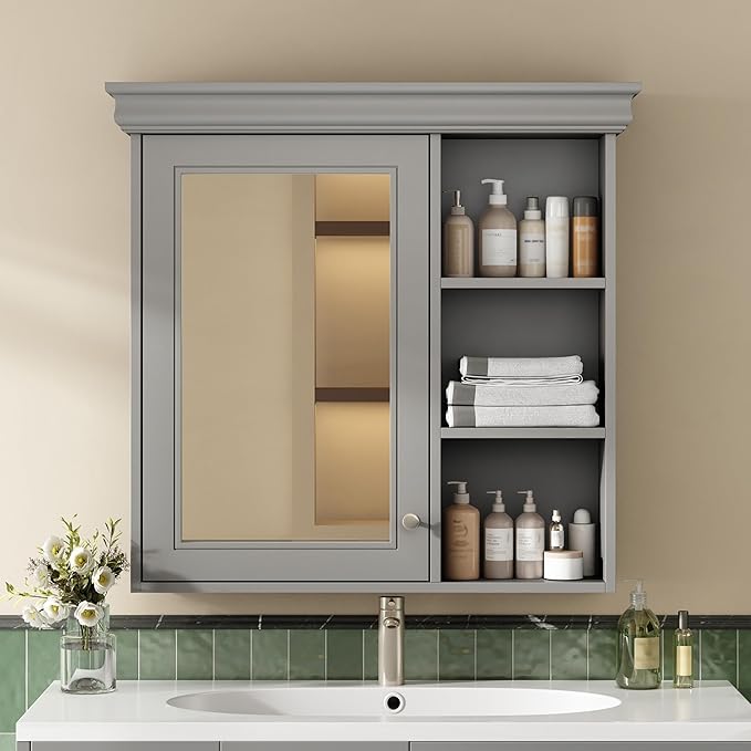 Merax Modern Bathroom Medicine Cabinet with Mirror, 30" x 28" Wall Mounted Medicine Cabinet with Storage and Open Shelves, Over The Toilet Mirrored Wall Storage