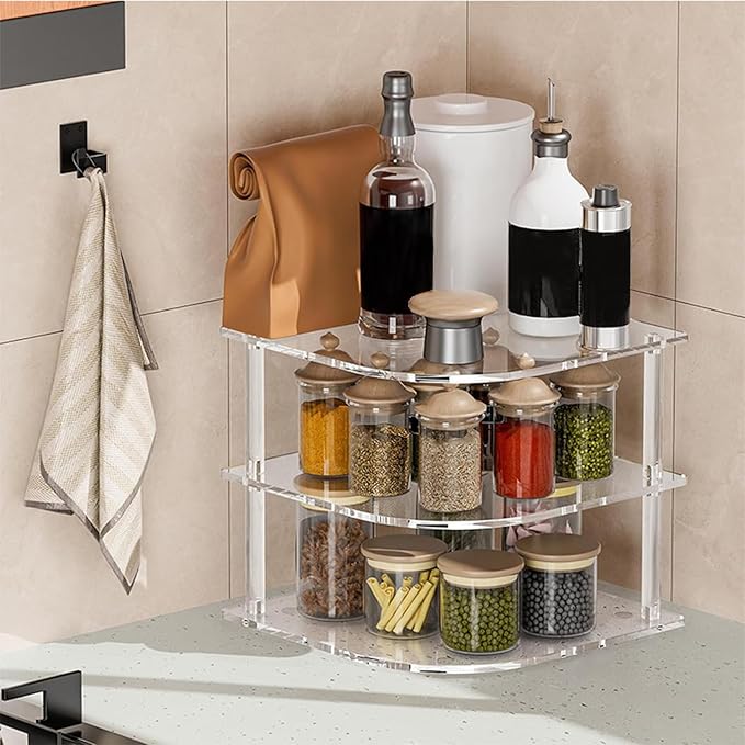 3 Tier Clear Acrylic Shelves, Non Slip Space-Saving Storage Organizer for Bathroom Kitchen Countertop Home and Restaurant, Acrylic Shelving for Toiletries Spices Decorative Items