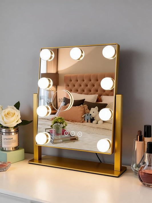 Makeup Vanity Mirror with Lights LED Makeup Mirror Detachable 10X Magnification, Hollywood Make Up Mirror with Lighting, Smart Touch, Rechargeable,360° Rotation, Gold 13.77"x 11.81"