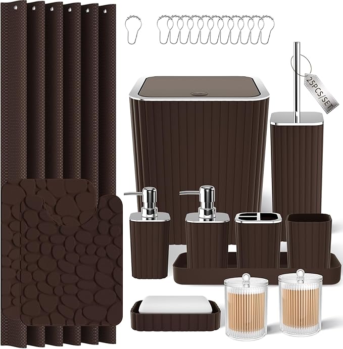 XLHOMO Bathroom Accessories Set - 25PC Brown Bathroom Sets with Shower Curtain and Rugs, Bathroom Accessory Set, Brown Shower Curtain Set, Trash Can, Qtip Holder Dispenser & Soap Dispenser
