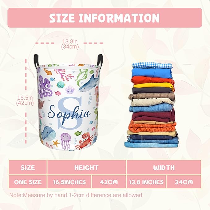 Custom Sea Animal Laundry Baskets, Personalized Ocean Themed Gifts with Customized Name, Collapsible Laundry Hamper for Kids Adults Home Decoration,16.5 X 13.8in