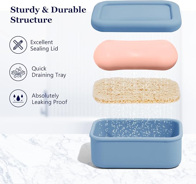 HighHerz Leak Proof Silicone Travel Soap Case with Draining Tray - Bar Soap Holder for Travel, Gym & Camping - Mess-Free Portable Soap Container for Carry-on Bags (Dark Blue)
