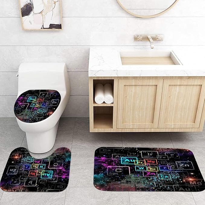 Yizheer 4Pcs Black Starry Sky Grid Bathroom Shower Curtain Set with 12 Hooks Bath Mat Toilet Cover U Shaped Mat- PEVA Material, 72x72 Inches, Bathroom Curtain for Bathtub (Elements)