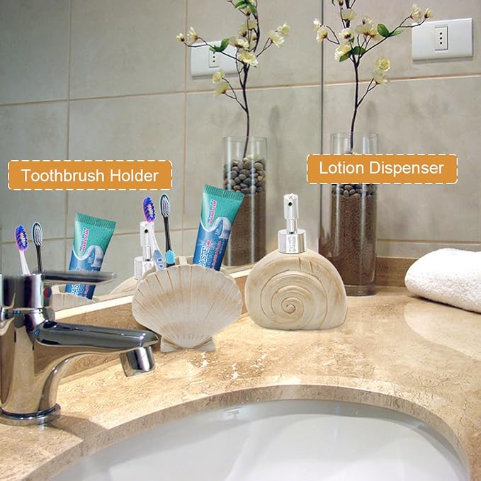 Set, 5 PCS Beach Seashells Ensemble Set Includs Soap Dispenser, Soap Dish, Tumbler, Toothbrush Holder - Ivory Polyresin Set for Home, Office, Superior Hotel