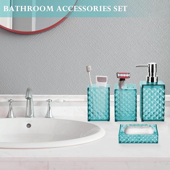 Bathroom Accessory Set, Grid Pattern 4 Pcs Plastic Bathroom Set Include Soap Dispenser, Soap Dish, Toothbrush Holder, Mousewash Cup, Modern Bahtroom D??cor Set(Light Blue)