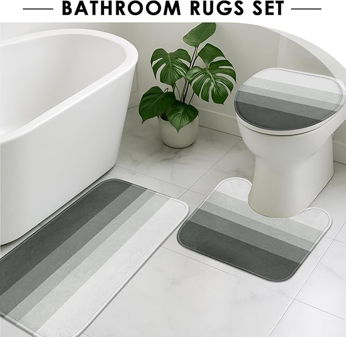 Striped Grey Shower Curtain Set with Toilet Lid Cover and Non-Slip Rugs for Bathroom, Minimalist Neutral Ombre 4 Pcs Shower Curtain, Modern Bathroom Set with 12 Hooks