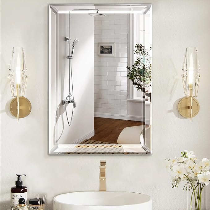 Frameless Bathroom Medicine Cabinet with Beveled Edge Mirror,Surface/Recessed Mount Vanity Storage Cabinet for Bathroom,24x36 Inch