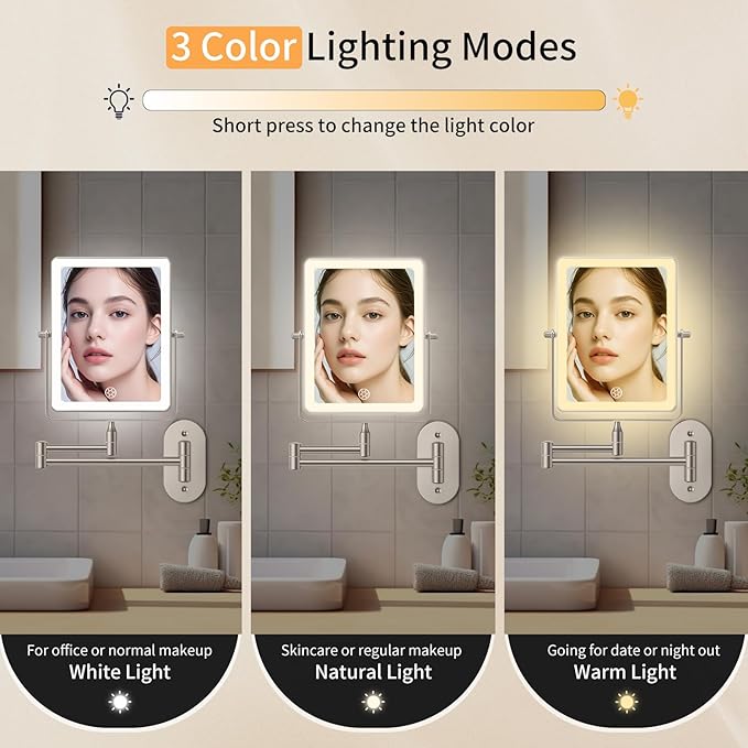 FUNTOUCH 5000mAh Rechargeable Wall Mounted Makeup Mirror with Lights, 8.7" Double Sided 1X/30X Magnifying Mirror with Dimmable 3 Color Light, Extended Swing Arm 360° Wall Mount Bathroom Vanity Mirror