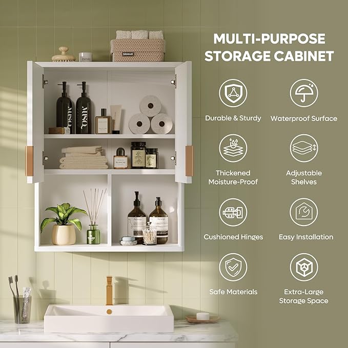 Besiter Fluted Bathroom Wall Cabinet, 23"x 29" Wall Mounted Medicine Cabinet with 2 Doors & Adjustable Shelves, Over The Toilet Storage Cabinet for Laundry Rroom, Kitchen & Living Room (Glossy White)
