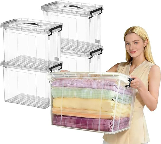 4 Pack 90 Qt Clear Large Storage Bins with Lids, Stackable Plastic Organizer for Home, Office, Garage, BPA-Free, Heavy-Duty, See-Through Containers with Secure Latches & Handles