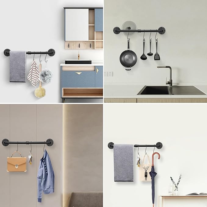 Livabber 5 Pieces Industrial Pipe Bathroom Towel Rack Set, Bath Hardware Include 18 Inch Towel Bar, Toilet Paper Holder, Wall Mounted Heavy Duty Rustic Iron Decor Accessories Kit, Black