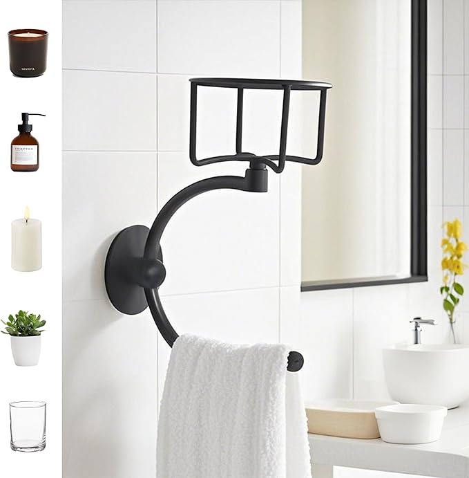 C-Shaped Towel Ring with Top Storage Basket Unique Space Saving Wall Mount Holder for Towels, Candles, Plants & Toiletries, Decorative Metal Accent for Bathroom or Kitchen