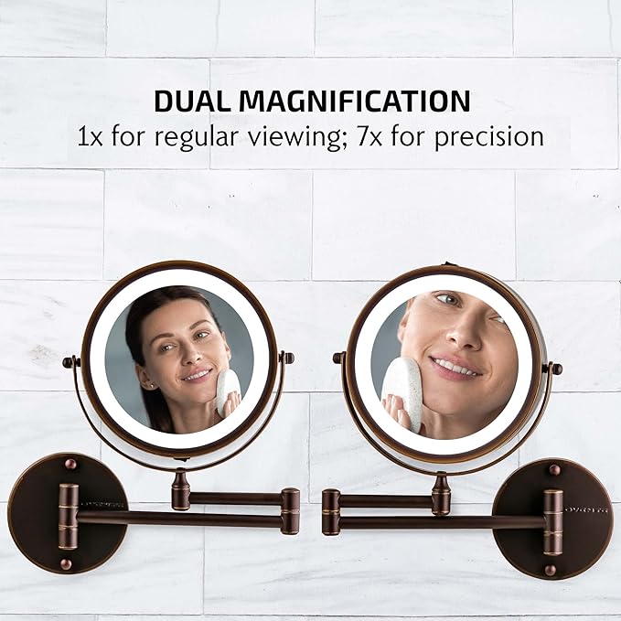 OVENTE Wall Mounted Lighted Makeup Mirror, 7" Double Sided 1X/7X Magnifying Vanity Mirror for Bathroom with LED Lights, Cordless, 360° Rotation and 13" Extendable Arm, Antique Bronze MFW70ABZ1X7X