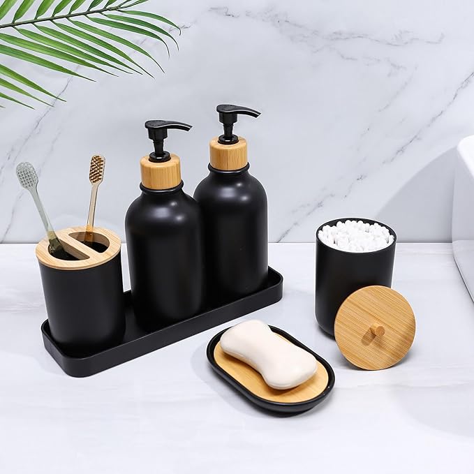 Matte Black Bathroom Accessories Set 7 Pcs,Bamboo Bathroom Accessories Sets,Black Soap Dispenser and Toothbrush Holder Set,Qtip Holder,Vanity Tray,Soap Dish,Modern Bathroom Decor