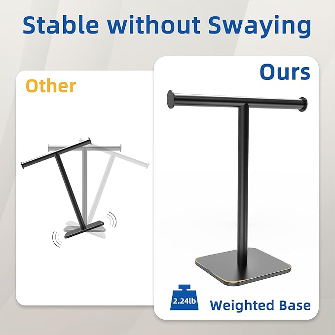 RUACQ T-Shape Hand Towel Holder Stand, Weighted Base Towel Rack, 12" Countertop Towel Holder for Bathroom, 304 Stainless Steel, Heavy Duty (Matte Black, 2 Pack)