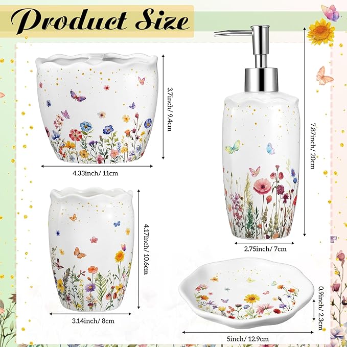 Newtay Ceramic Bathroom Accessories Set of 4, Wildflower Meadow Floral Decor with Butterflies & Gold Speckles, Soap Dispenser Pump, Toothbrush Holder, Tumbler Cup & Soap Dish for Countertop Vanity