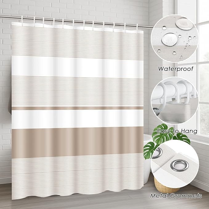 Beige Shower Curtain Set with Toilet Lid Cover and Non-Slip Rugs for Bathroom, Modern Striped Lines 4 Pcs Shower Curtain, Simple Abstract Bathroom Set with 12 Hooks