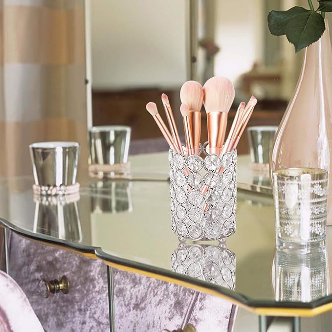 ShellKingdom Makeup Brush Holder, Clear Crystal Diamond Cosmetic Brush Storage Organizer Holder, Candle Holder for Wedding Christmas Birthdays Gifts Home Office Decor Dresser