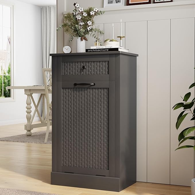 Tilt Out Laundry Hamper Cabinet, Rattan-Style Laundry Room Organization with Removable Laundry Basket, Hidden Wood Dirty Clothes Hamper with Drawer, 21.6" L x 13" W x 35.8" H, Gray