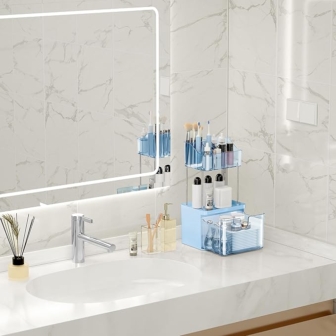 Small Bathroom Counter Organizer - 3 Tier Makeup Organizer Countertop - Multi-Purpose Skin Care with Drawer for Vanity, Cosmetic Counter Organizer (Blue)