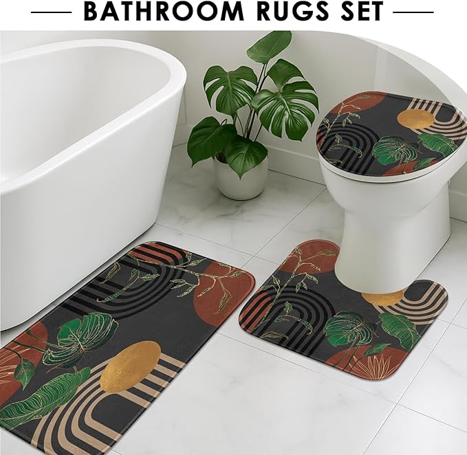 Brown Boho Mid Century Shower Curtain Set with Toilet Lid Cover and Non-Slip Rugs, Abstract Retro Grey Background 4 Pcs Modern Minimalist Aesthetic Shower Curtain for Bathroom Set with 12 Hooks