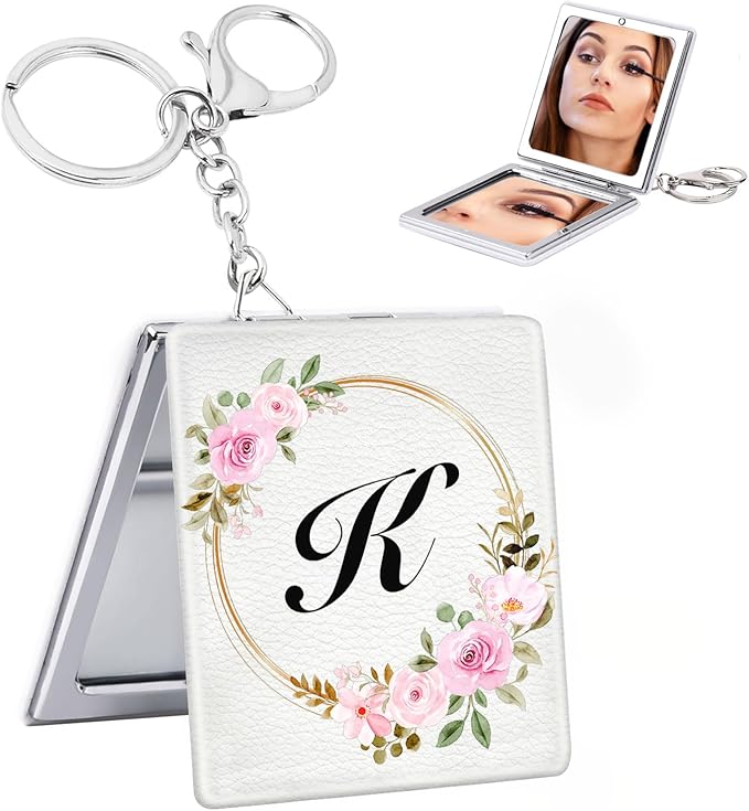 BAOSIWA Stocking Stuffers for Teen Girls Grandkids, Gifts for 5 6 7 8 9 10 11 12 13 Year Old Girl, Personalized Compact Mirror Initial Small Travel Makeup Mirror with Keychain(K)
