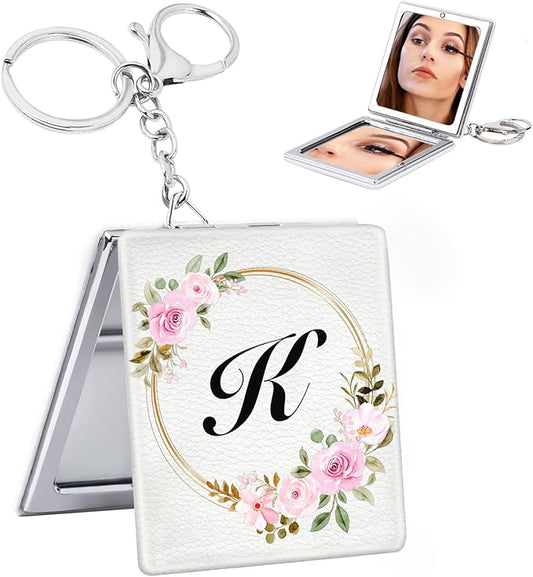 BAOSIWA Stocking Stuffers for Teen Girls Grandkids, Gifts for 5 6 7 8 9 10 11 12 13 Year Old Girl, Personalized Compact Mirror Initial Small Travel Makeup Mirror with Keychain(K)
