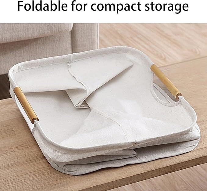 Collapsible Laundry Hamper Bag with Wooden Handles - 36L/8 Gallon Capacity Waterproof Oxford Cloth Storage Basket, Freestanding No Wire Frame, for Dorm Room, Bedroom, Bathroom - Small