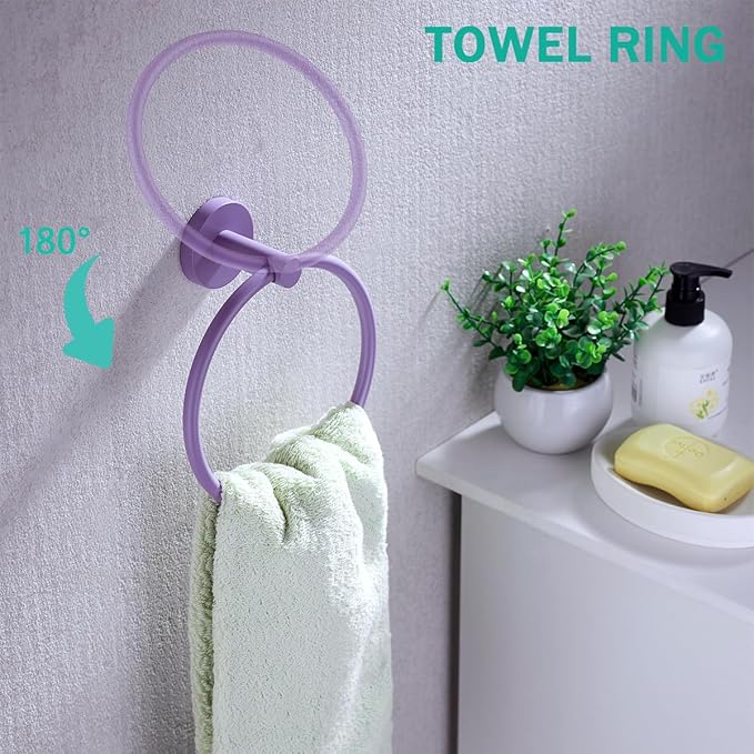 Bathroom Accessories Set,Purple 5 Pieces Bathroom Hardware Set,24 inch Towel Bar,Towel Ring for Bathroom,Robe Towel Hooks,Toilet Paper Holder Wall Mounted(Drilling),SE96006S-5PP