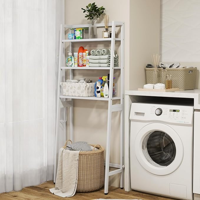 Nightcore Over-The-Toilet Storage, 3-Tier Freestanding Bathroom Organizer Shelf w/ 2 Hanging Hooks & Toilet Paper Holder, Multifunctional Metal Toilet Storage Rack for Bathroom Laundry (White)