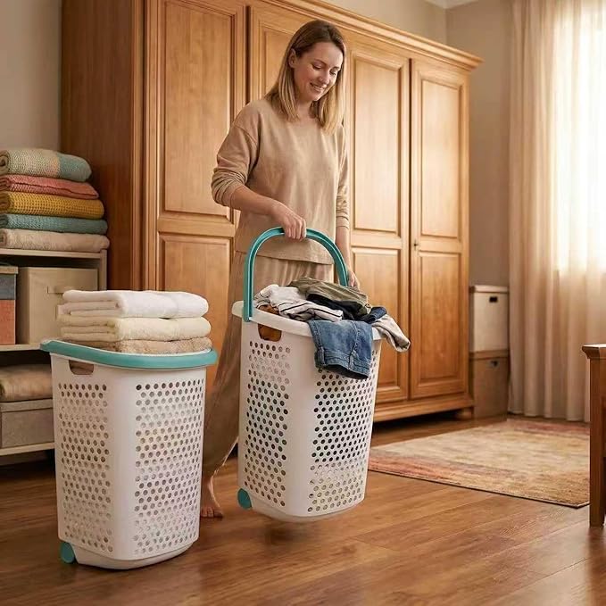 (2-Pack) 2 Bushels Wheeled Plastic Laundry Basket, Lightweight and Flexible, Equipped with Handles, Easy to Clean, Suitable for use in Homes, Dormitories, Bathrooms and Laundry Rooms.