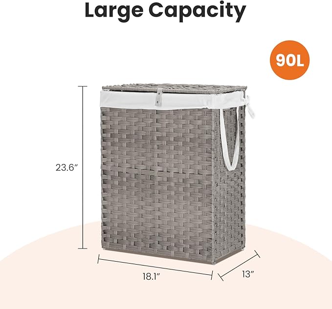 Laundry Hamper with Lid, 90 L Large Capacity Hamper, Rattan Laundry Basket with Compartments & Handles, Foldable, Removable Liner, Dove Gray