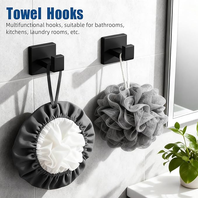 Matte Black Bathroom Hardware Set 6-Piece, Stainless Steel Black Bathroom Accessories, 16" Towel Bar, Toilet Paper Holder with Shelf, 2 Towel Rings & 2 Heavy-Duty Hooks, Wall Mounted for Bathroom