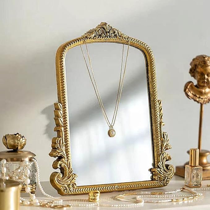 HSDDHOME Champagne Gold Vintage Vanity Mirror,Small Decorative Table Top Mirror,Baroque Arched Makeup Desk Mirror Wood Frame Free Standing,for Dresser,Bedroom,Living-Room Countertop 11.8" x 9.6"