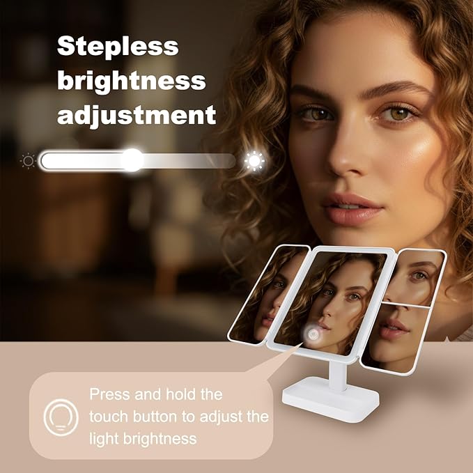 2026 Newly Upgraded Three-Sided Folding Makeup Mirror, Desktop LED Two-in-one Seashell-Shaped Three-Sided Mirror, Large Size with Adjustable Light