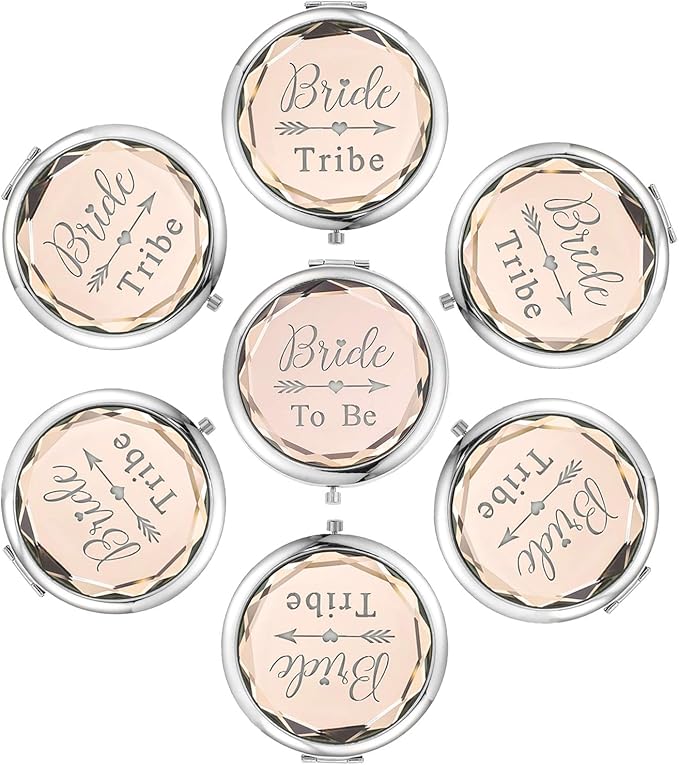 Pack of 7 Compact Pocket Makeup Mirrors Set Include 1 Bride to Be Mirror and 6 Bride Tribe Mirrors Bachelorette Party Bridesmaid Proposal Gifts(Champagne)