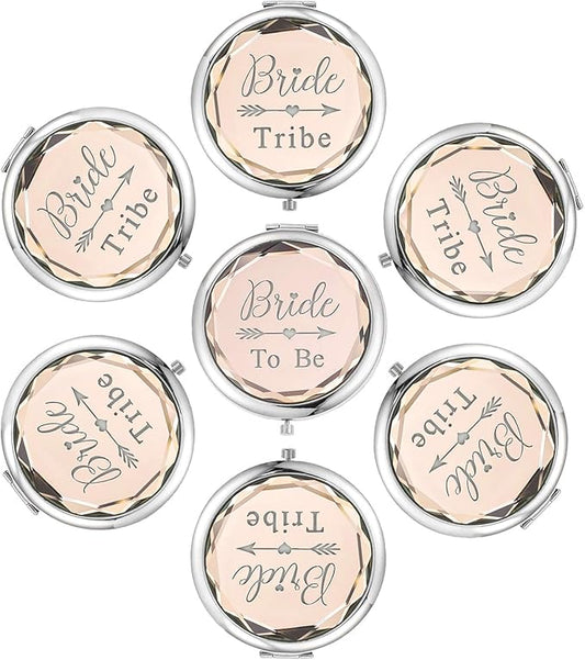 Pack of 7 Compact Pocket Makeup Mirrors Set Include 1 Bride to Be Mirror and 6 Bride Tribe Mirrors Bachelorette Party Bridesmaid Proposal Gifts(Champagne)