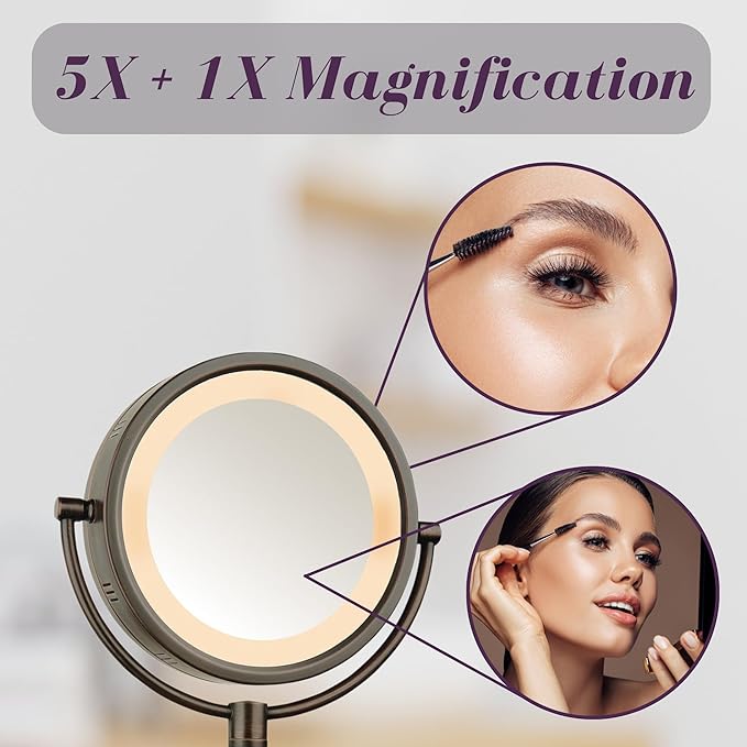 JERDON Wall-Mounted Magnifying Mirror with LED Lights - Lighted Makeup Mirror with 5X Magnification - Plug in - Bronze Finish, Model HL65BZ