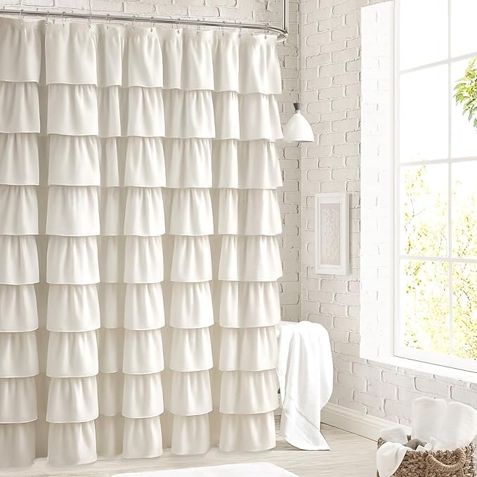 Seasonwood Ruffle Shower Curtain Cream Farmhouse Vintage Handcrafted Rustic Decorative Fabric Shower Curtains for Bathroom, 72" x 72"