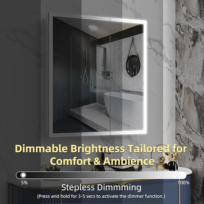 30" x 32" Bathroom LED Medicine Cabinet, Lighted Mirror with 3-Color Lights, Defogger, Stepless Dimming, Large Storage, Double Door