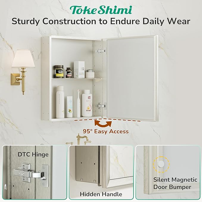 TokeShimi 14 x 18 Medicine Cabinet Mirror, Assembly Required, Brushed Nickel Bathroom Medicine Cabinet with Mirror, Stepless Adjustable Shelves, Tempered Glass, Beveled Aluminum Frame