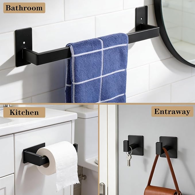 5 Pieces Self Adhesive Bathroom Hardware Set-SUS304 Stainless Steel-Towel Rack Set Include 24″Towel Bar+Toilet Paper Holder+3 Towel/Robe Hooks Bathroom Accessory Towel Bar Set (Black, 24 in)